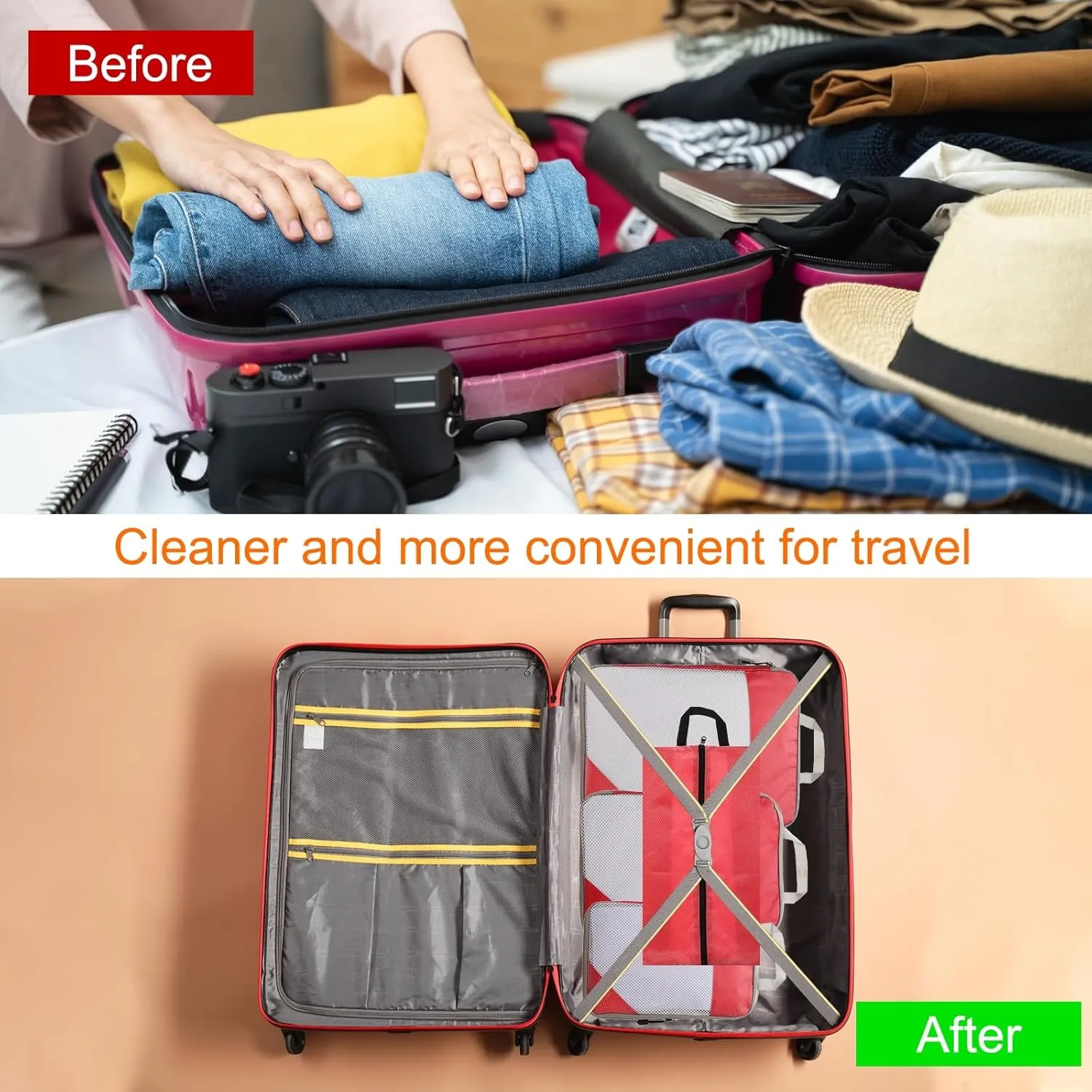 HARFINGTON 4pcs Compression Packing Cube for Suitcases Lightweight Luggage Organizers Bag Travel Essentials Compression Bags for Carry on Suitcases, Red