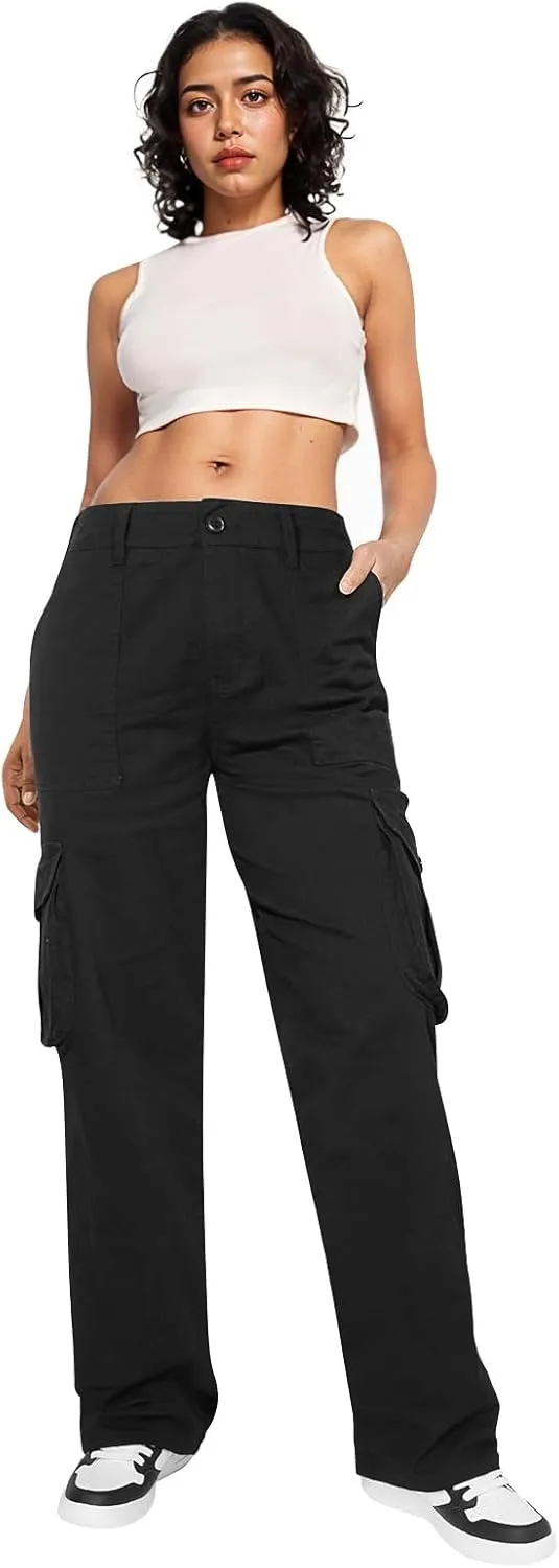  High Waist Stretch Cargo Pants Women 6 Pockets Relaxed Fit Straight Wide Leg Y2K Pants