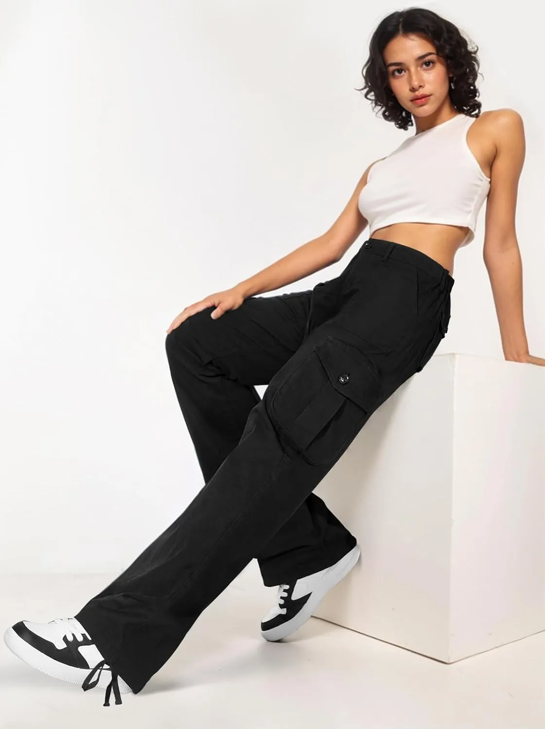  High Waist Stretch Cargo Pants Women 6 Pockets Relaxed Fit Straight Wide Leg Y2K Pants