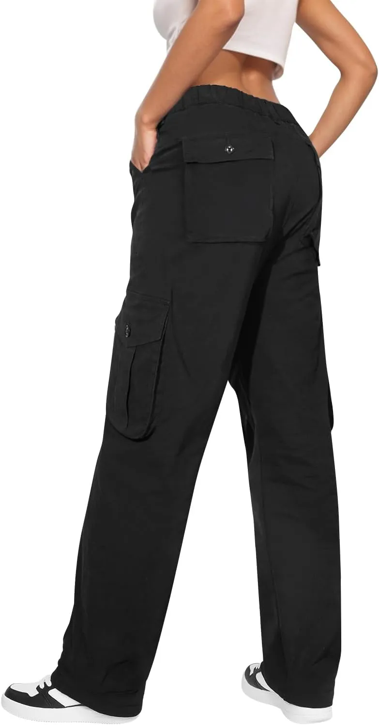  High Waist Stretch Cargo Pants Women 6 Pockets Relaxed Fit Straight Wide Leg Y2K Pants