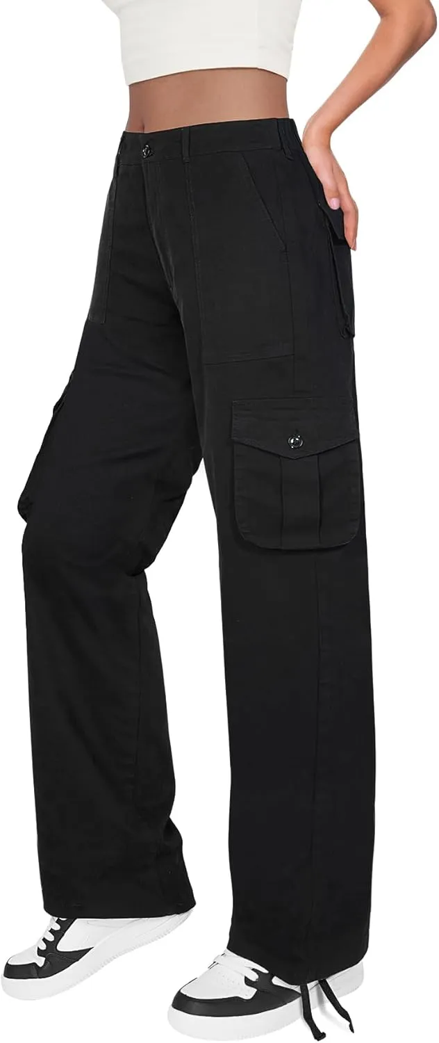  High Waist Stretch Cargo Pants Women 6 Pockets Relaxed Fit Straight Wide Leg Y2K Pants