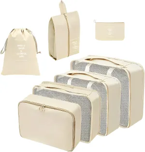 HOSL 7 Set Packing Cubes for Carry on Suitcases Organizer Bags Set Travel Cubes Shoe Bag Included Lightweight Travel Organizer Bags for Luggage (7pcs Beige)