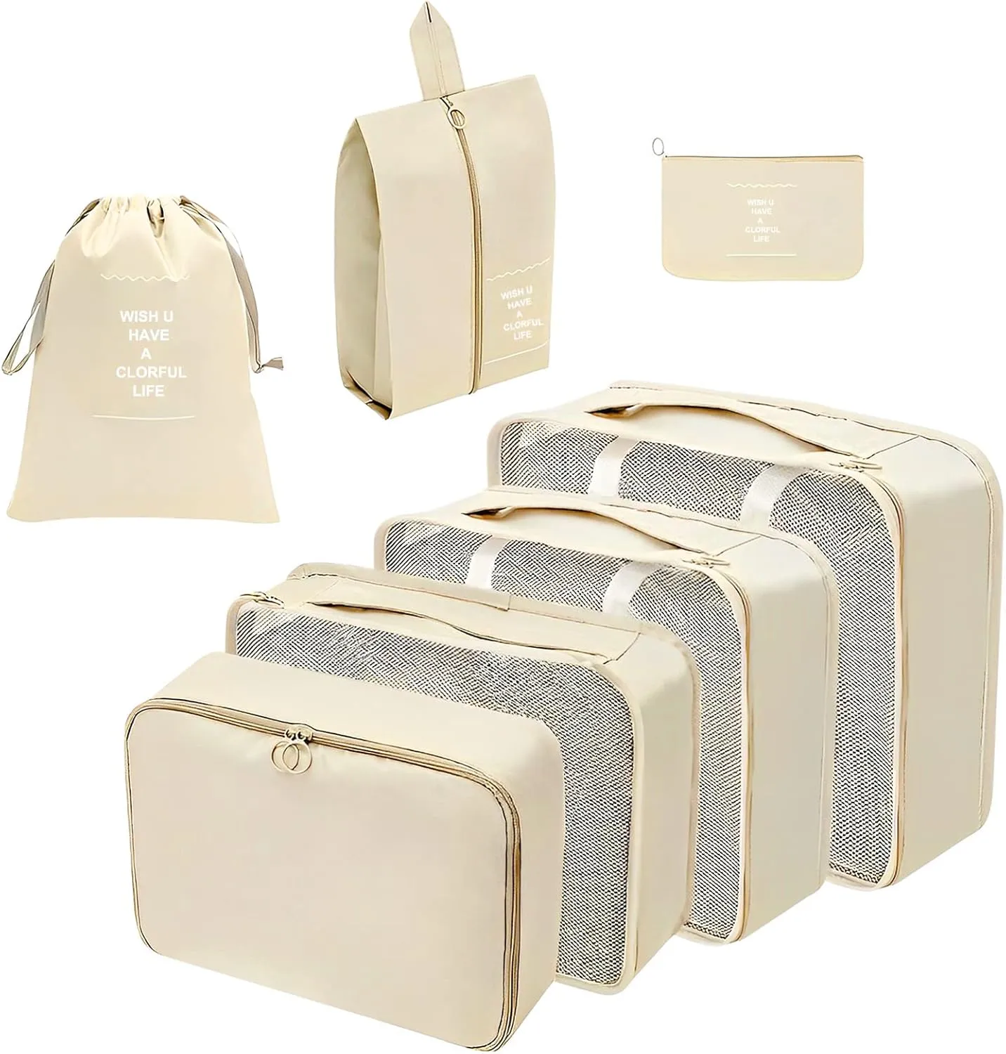 HOSL 7 Set Packing Cubes for Carry on Suitcases Organizer Bags Set Travel Cubes Shoe Bag Included Lightweight Travel Organizer Bags for Luggage (7pcs Beige)