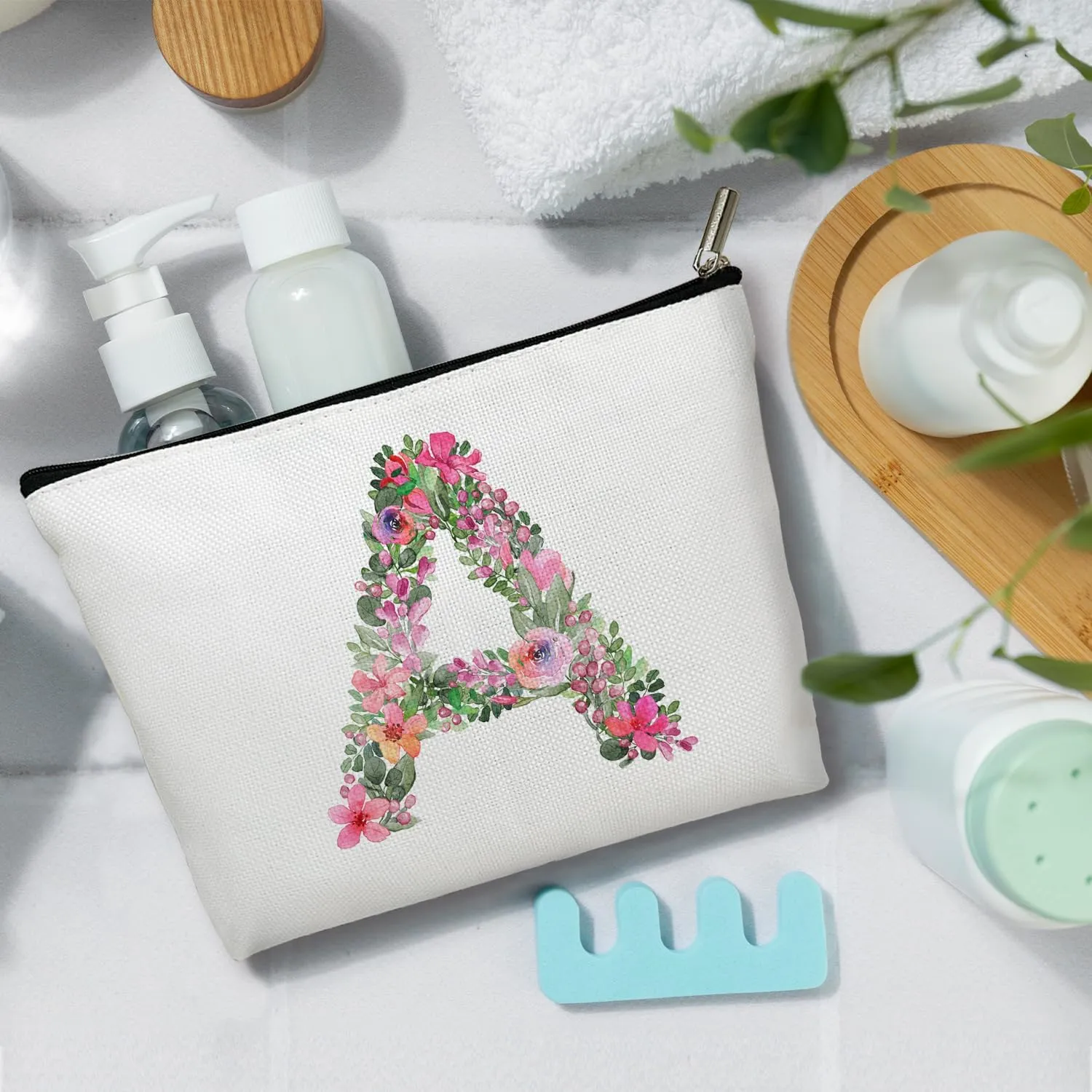 Initial Letter A Gifts for Women Mom Friend Besties Sister, Flower Monogrammed Makeup Bag, Cosmetic Travel Bag with Zipper for Mother's Day Wedding Graduation, Bride Bridesmaid Pouch Toiletry Bag - 01