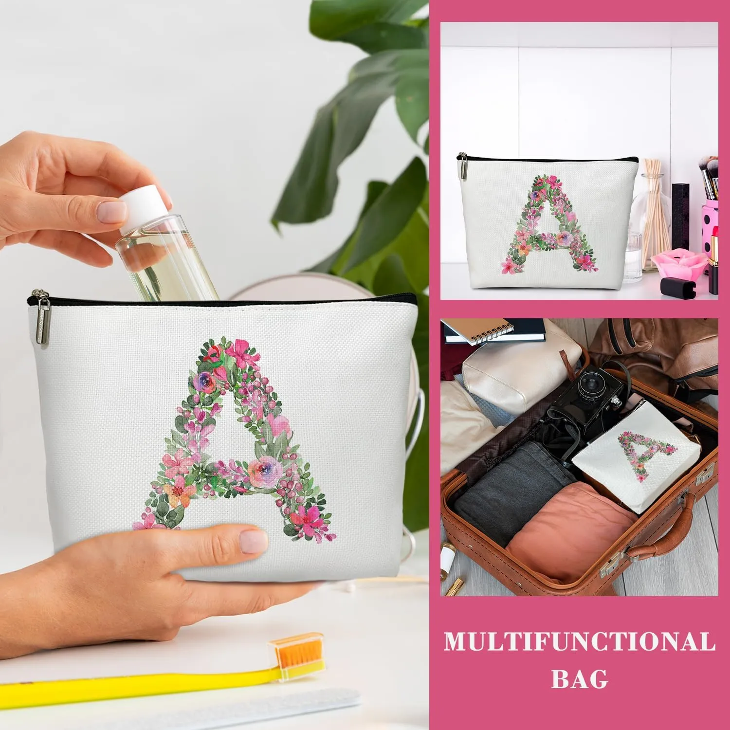 Initial Letter A Gifts for Women Mom Friend Besties Sister, Flower Monogrammed Makeup Bag, Cosmetic Travel Bag with Zipper for Mother's Day Wedding Graduation, Bride Bridesmaid Pouch Toiletry Bag - 01