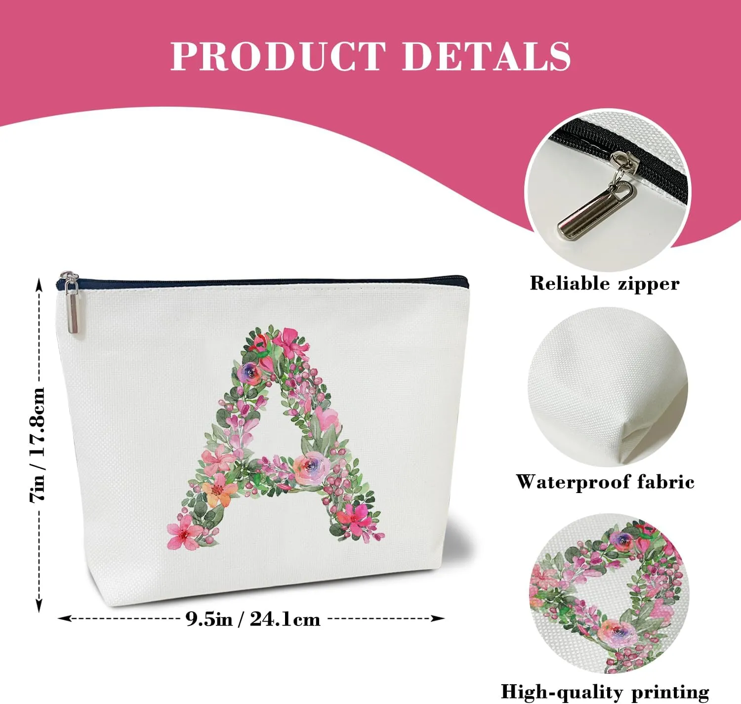 Initial Letter A Gifts for Women Mom Friend Besties Sister, Flower Monogrammed Makeup Bag, Cosmetic Travel Bag with Zipper for Mother's Day Wedding Graduation, Bride Bridesmaid Pouch Toiletry Bag - 01