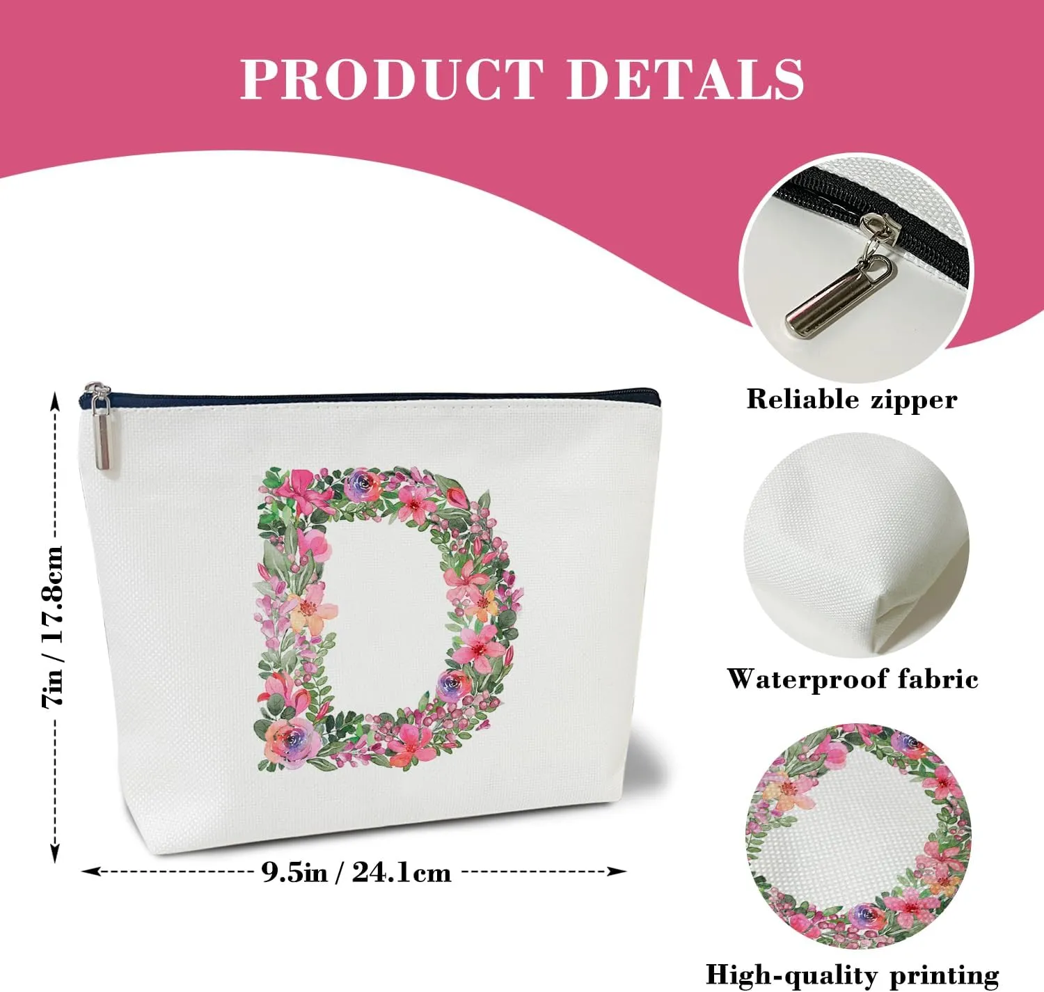 Initial Letter D Gifts for Women Mom Friend Besties Sister, Flower Monogrammed Makeup Bag, Cosmetic Travel Bag with Zipper for Mother's Day Wedding Graduation, Bride Bridesmaid Pouch Toiletry Bag - 04