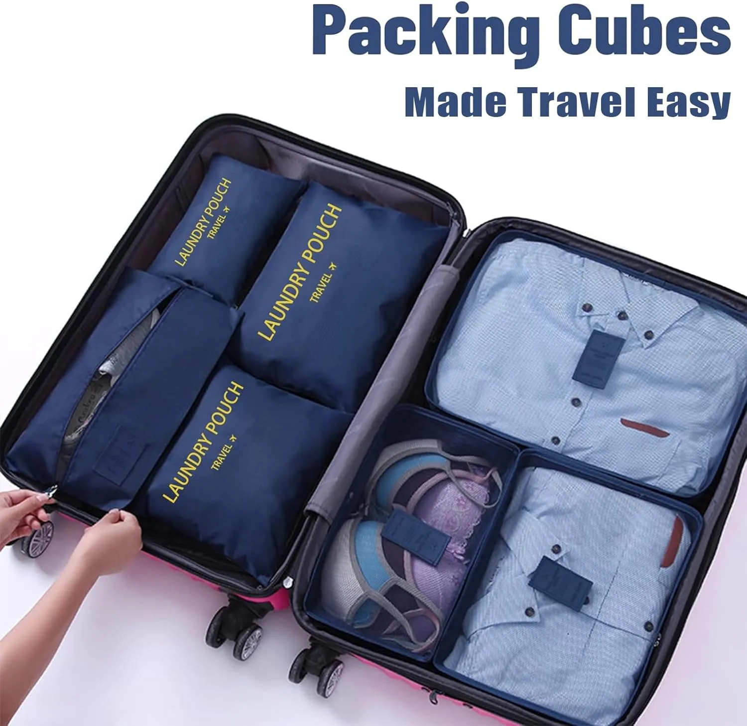 INVODA 7 piece Multi-size Packing Cubes for Travel Suitcase Organizer Bags Lightweight Travel Bags (Navy Blue)
