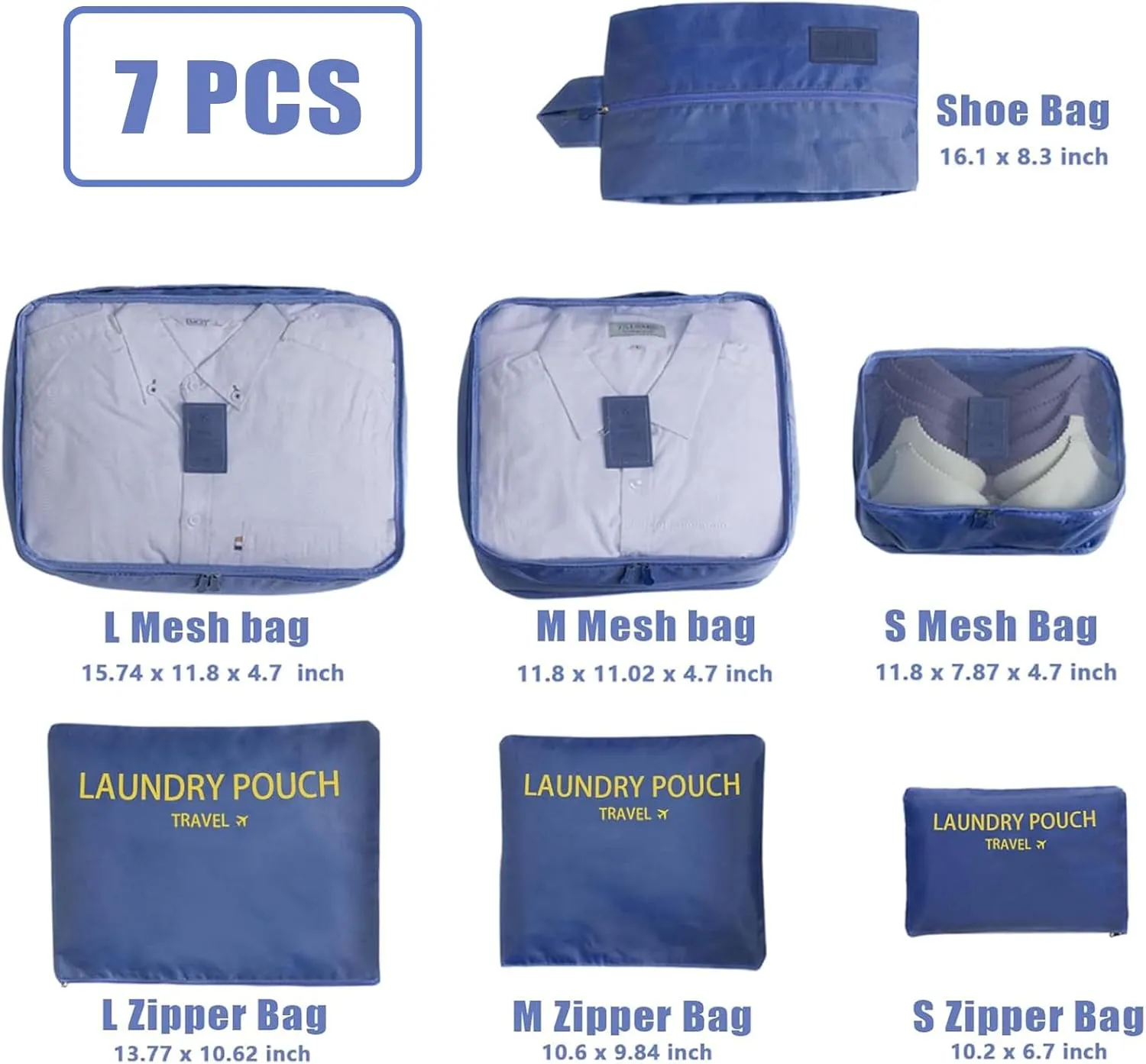 INVODA 7 piece Multi-size Packing Cubes for Travel Suitcase Organizer Bags Lightweight Travel Bags (Navy Blue)