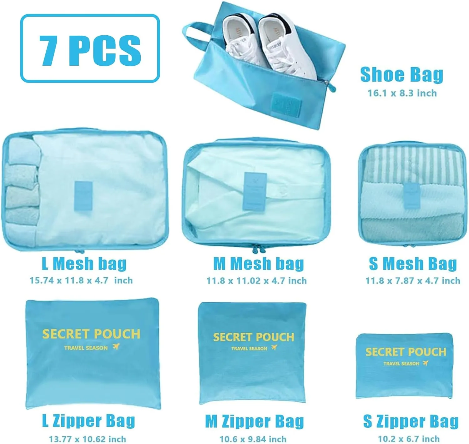 INVODA 7 piece Multi-size Packing Cubes for Travel Suitcase Organizer Bags Lightweight Travel Bags (Sky Blue)