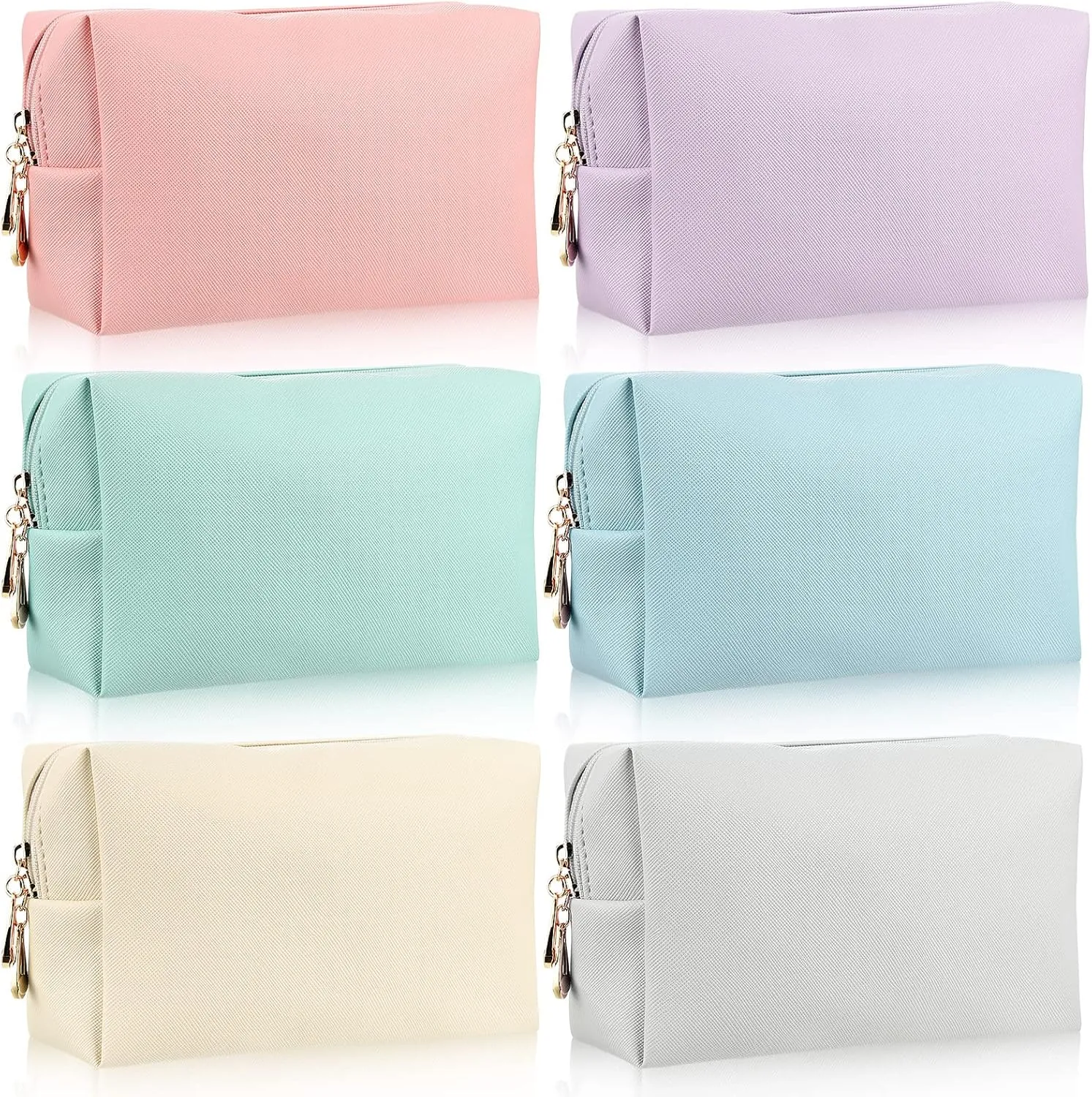 Jexine 6 Pcs Small Preppy Makeup Bag Leather Zipper Cosmetic Bag Water Resistant Versatile Makeup Pouch Travel Cosmetic Organizer Portable Toiletry Bag Daily Storage Beauty Bag for Women Gift