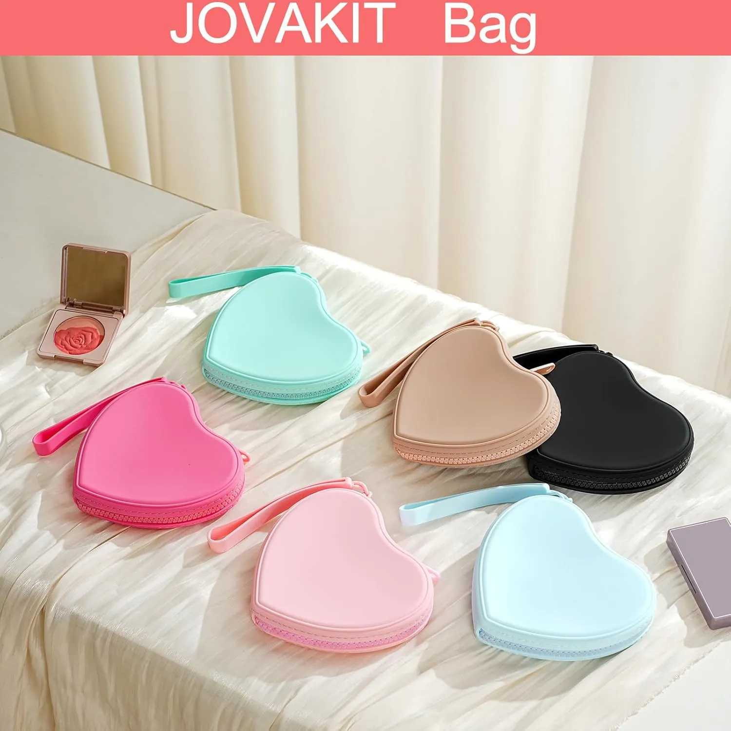 JOVAKIT Small Heart Shaped Portable Silicone Makeup Bag for Women, Travel Waterproof Cosmetic Bag Gifts for Women Girls, Zipper Closure Makeup Case with Handle (Light Brown)