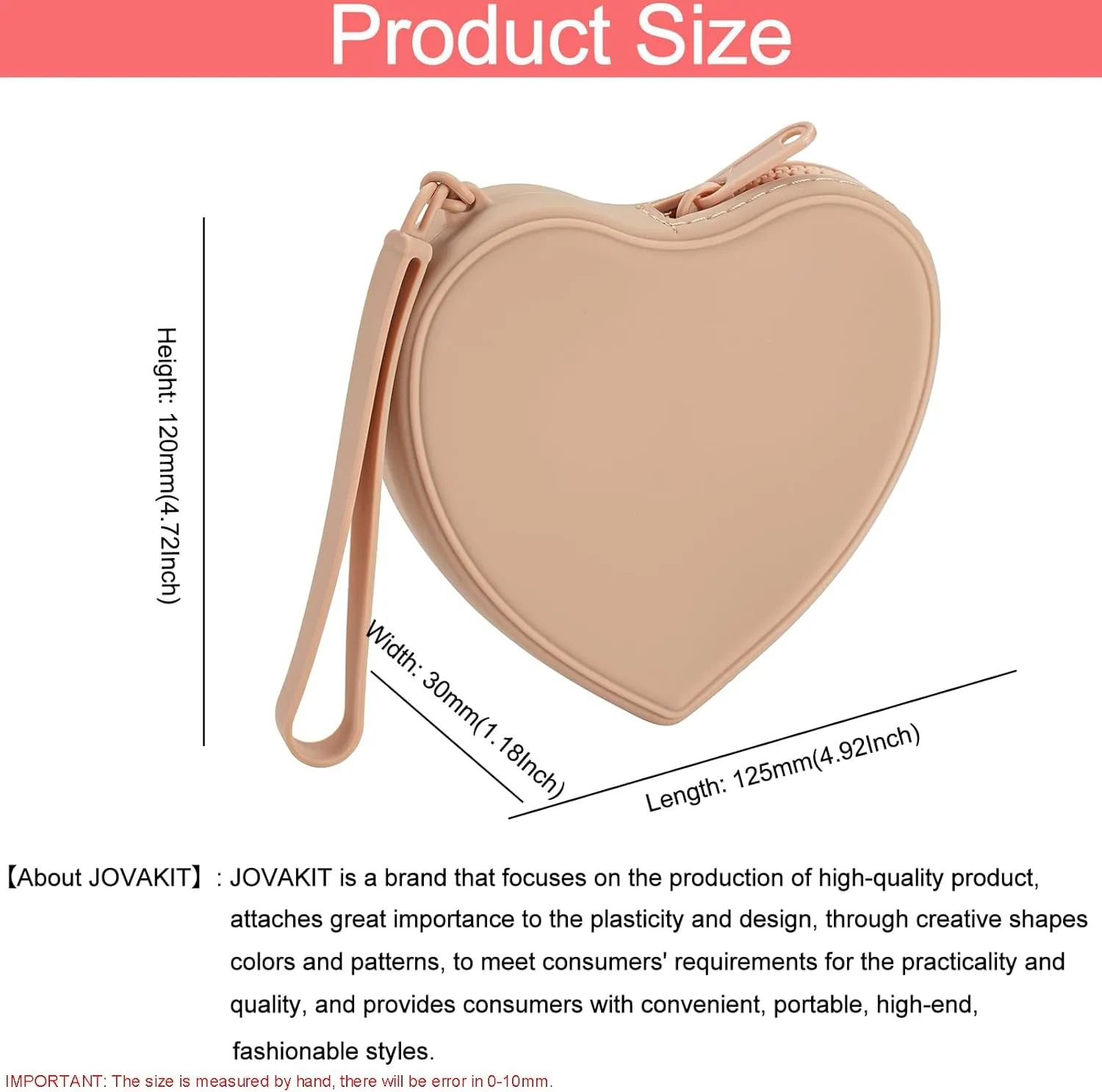 JOVAKIT Small Heart Shaped Portable Silicone Makeup Bag for Women, Travel Waterproof Cosmetic Bag Gifts for Women Girls, Zipper Closure Makeup Case with Handle (Light Brown)