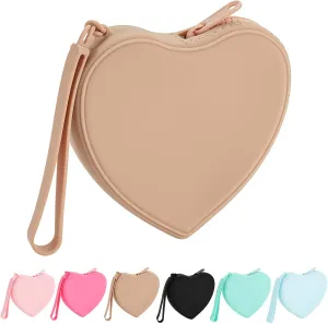 JOVAKIT Small Heart Shaped Portable Silicone Makeup Bag for Women, Travel Waterproof Cosmetic Bag Gifts for Women Girls, Zipper Closure Makeup Case with Handle (Light Brown)