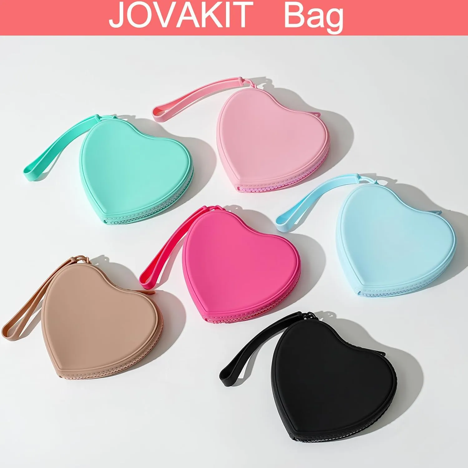 JOVAKIT Small Heart Shaped Portable Silicone Makeup Bag for Women, Travel Waterproof Cosmetic Bag Gifts for Women Girls, Zipper Closure Makeup Case with Handle (Light Brown)