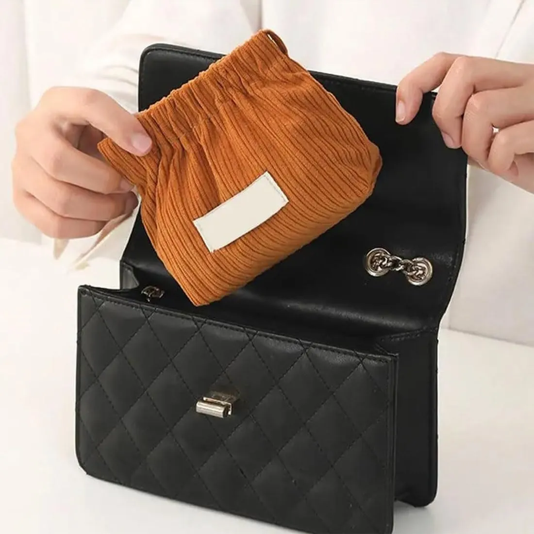 KCRPM Corduroy Elastic Hair Tie Organizer, Cosmetic Bags for Women Makeup Bag Large Capacity Purse Travel Toiletry Zipper Storage Pouch Make up Brushes Organizer for Gifts (2pcs Brown)