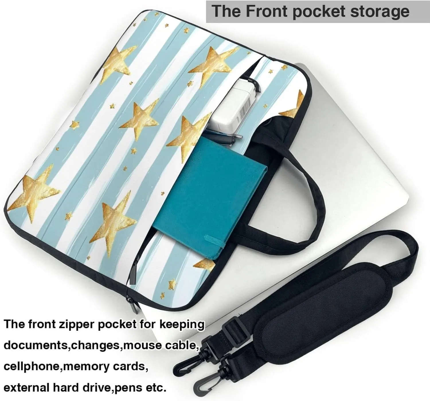 Laptop Bag Case Light Blue Stripes Golden Stars Pattern Computer Messenger Shoulder Bag Laptop Sleeve Briefcase