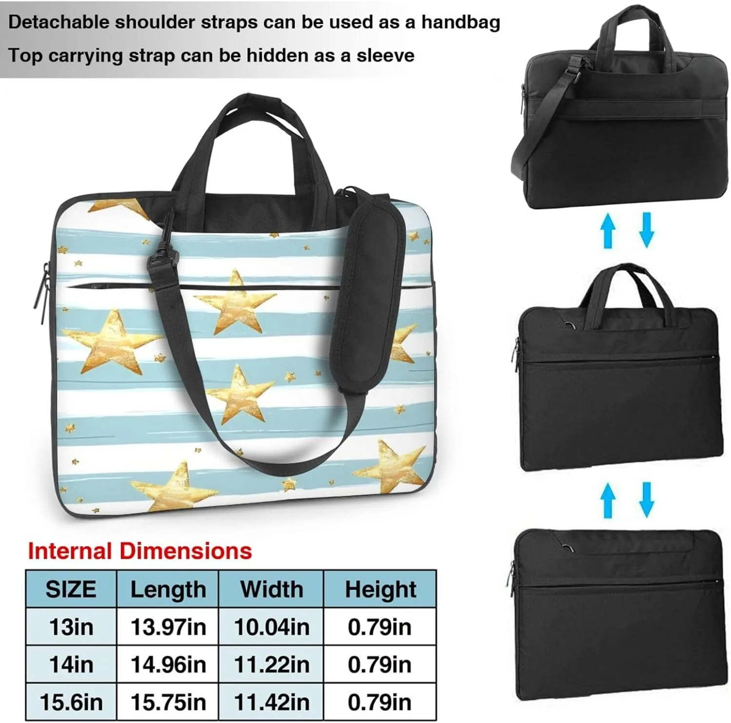 Laptop Bag Case Light Blue Stripes Golden Stars Pattern Computer Messenger Shoulder Bag Laptop Sleeve Briefcase