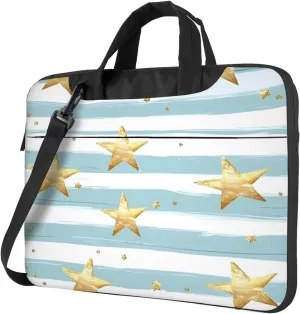 Laptop Bag Case Light Blue Stripes Golden Stars Pattern Computer Messenger Shoulder Bag Laptop Sleeve Briefcase