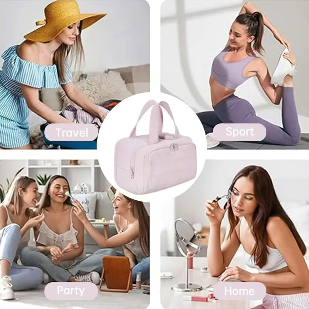 Large Capacity Wide-Open Travel Cosmetic Bag, Cureaway Travel Cosmetic Bag, Camping Toiletry Bags, Dry-And-Wet Separation Waterproof Portable Pouch Open Flat Toiletry Bags (Brown)