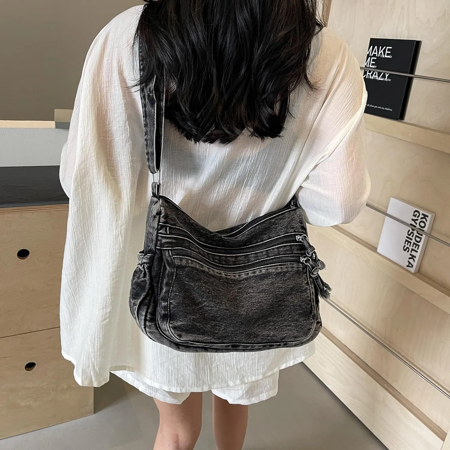Large Denim Purses for Women Denim Tote Bag Casual Retro Crossbody Lightweight Shoulder Bag Canvas Handbags