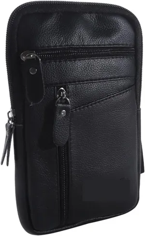 Leather Waist Bag Men's Mobile Phone Bag Wearing Belt Outdoor Sport One Shoulder Small Bag(Black)