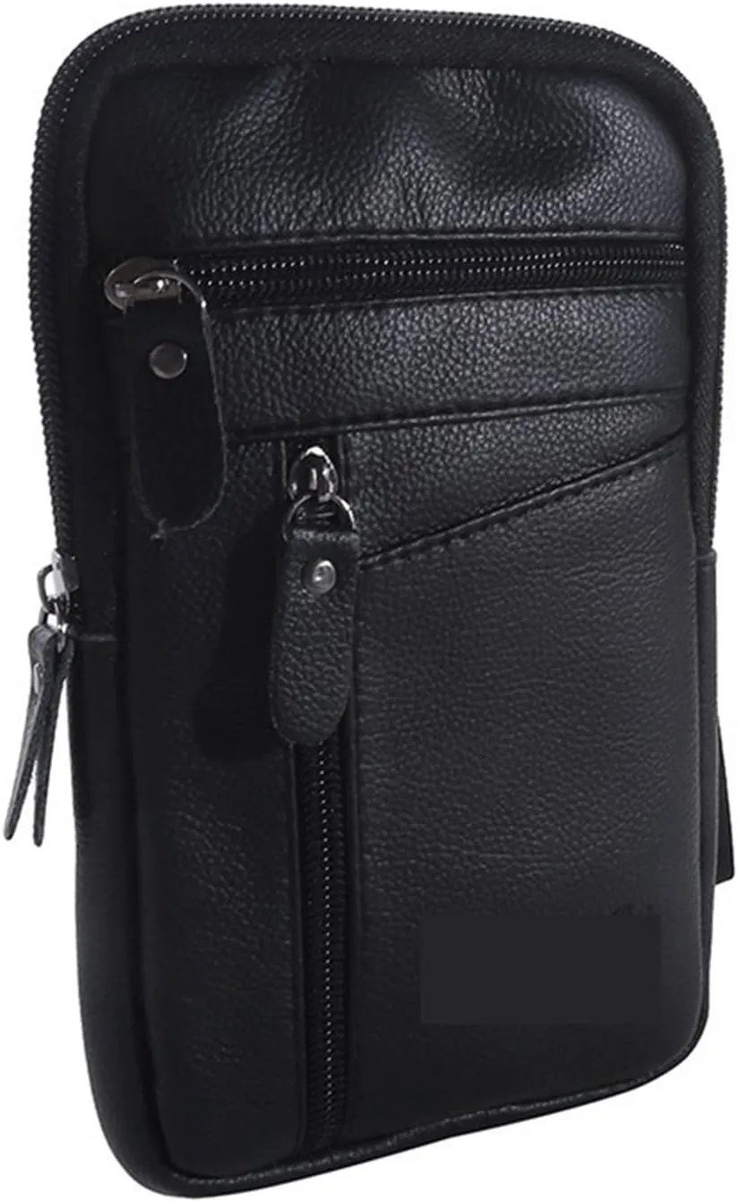 Leather Waist Bag Men's Mobile Phone Bag Wearing Belt Outdoor Sport One Shoulder Small Bag(Black)
