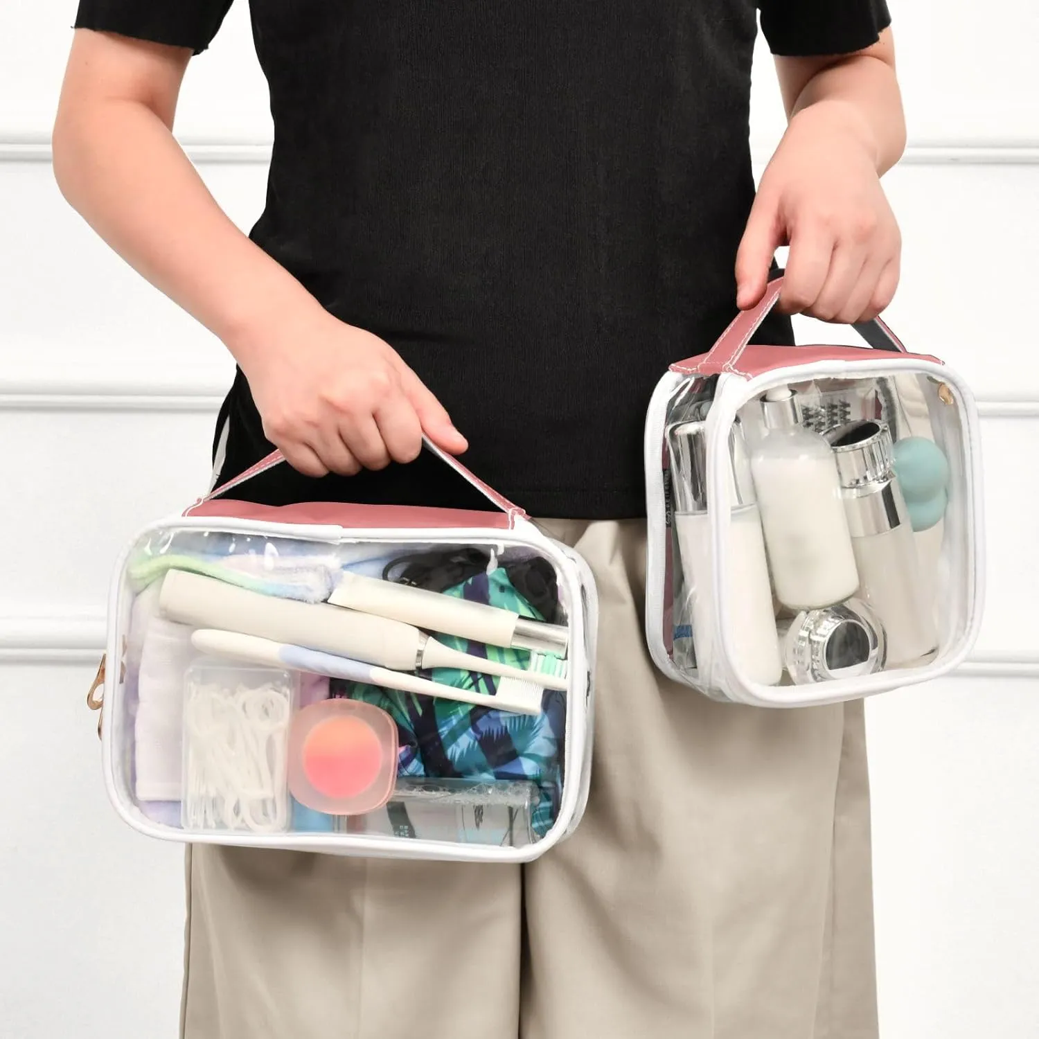 Light Coral Clear Makeup Bags TSA Approved Toiletry Bag for Women Men Cosmetic Bags with Zipper Carry On Airport Airline Compliant Bag Quart Size PVC Travel Bags for Toiletries Business, 2 Pack