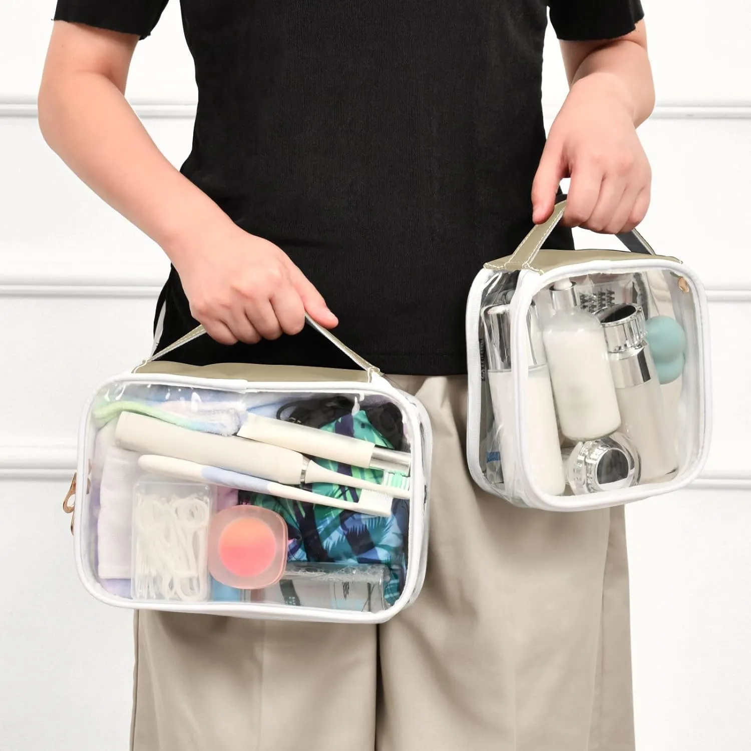 Light Gray Clear Makeup Bags TSA Approved Toiletry Bag for Women Men Cosmetic Bags with Handle Carry On Airport Airline Compliant Bag Quart Size PVC Travel Bags for Toiletries Accessories, 2 Pack