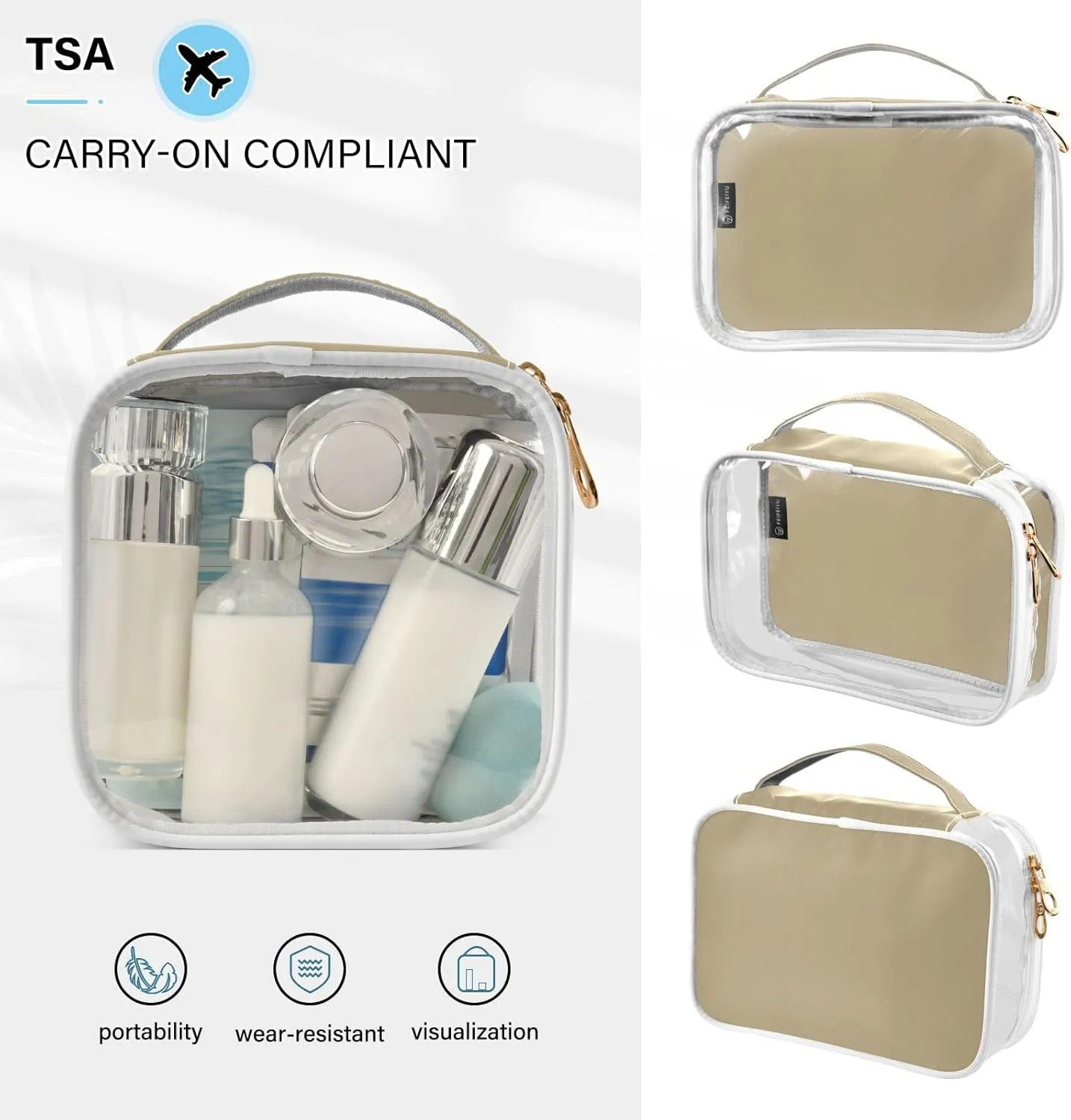 Light Gray Clear Makeup Bags TSA Approved Toiletry Bag for Women Men Cosmetic Bags with Handle Carry On Airport Airline Compliant Bag Quart Size PVC Travel Bags for Toiletries Accessories, 2 Pack