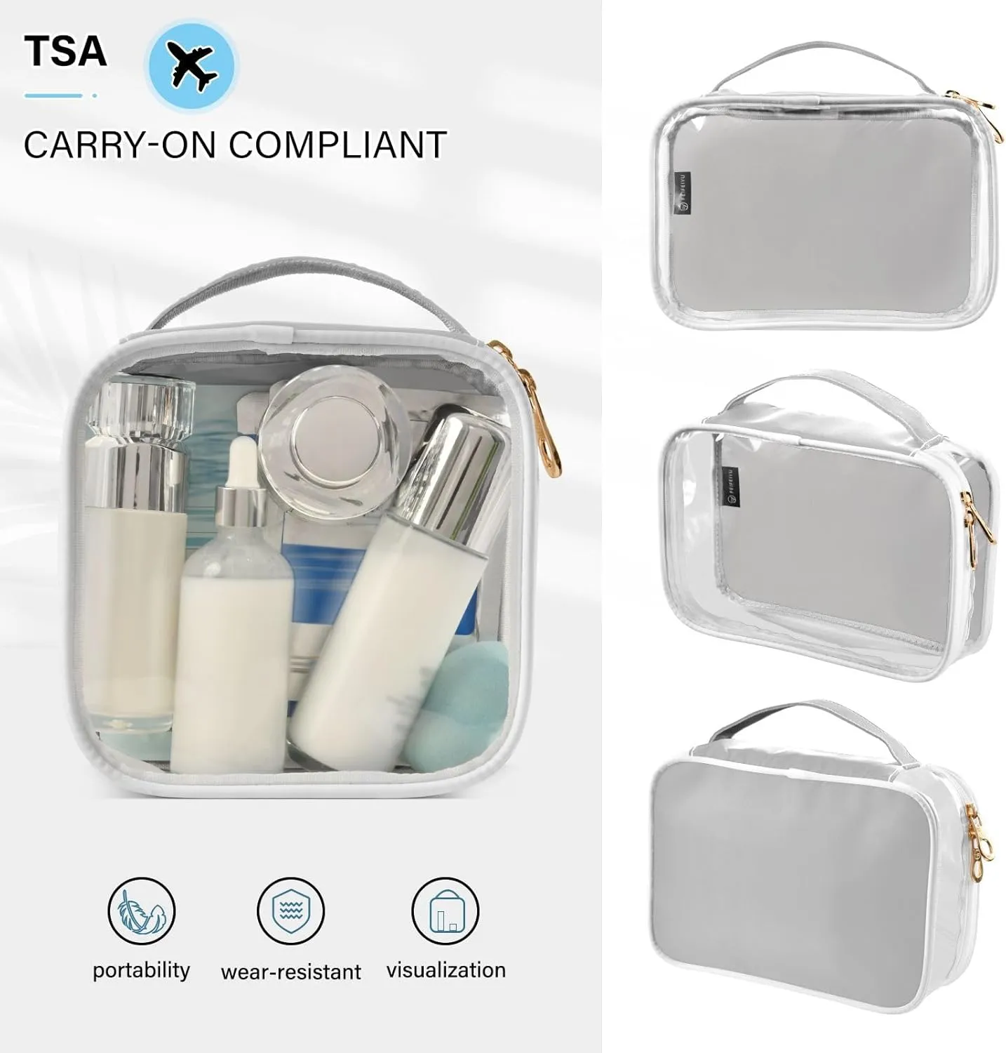 Light Grey Clear Makeup Bags TSA Approved Toiletry Bag for Women Men Cosmetic Bags with Zipper Carry On Airport Airline Compliant Bag Quart Size PVC Travel Bags for Toiletries Business, 2 Pack