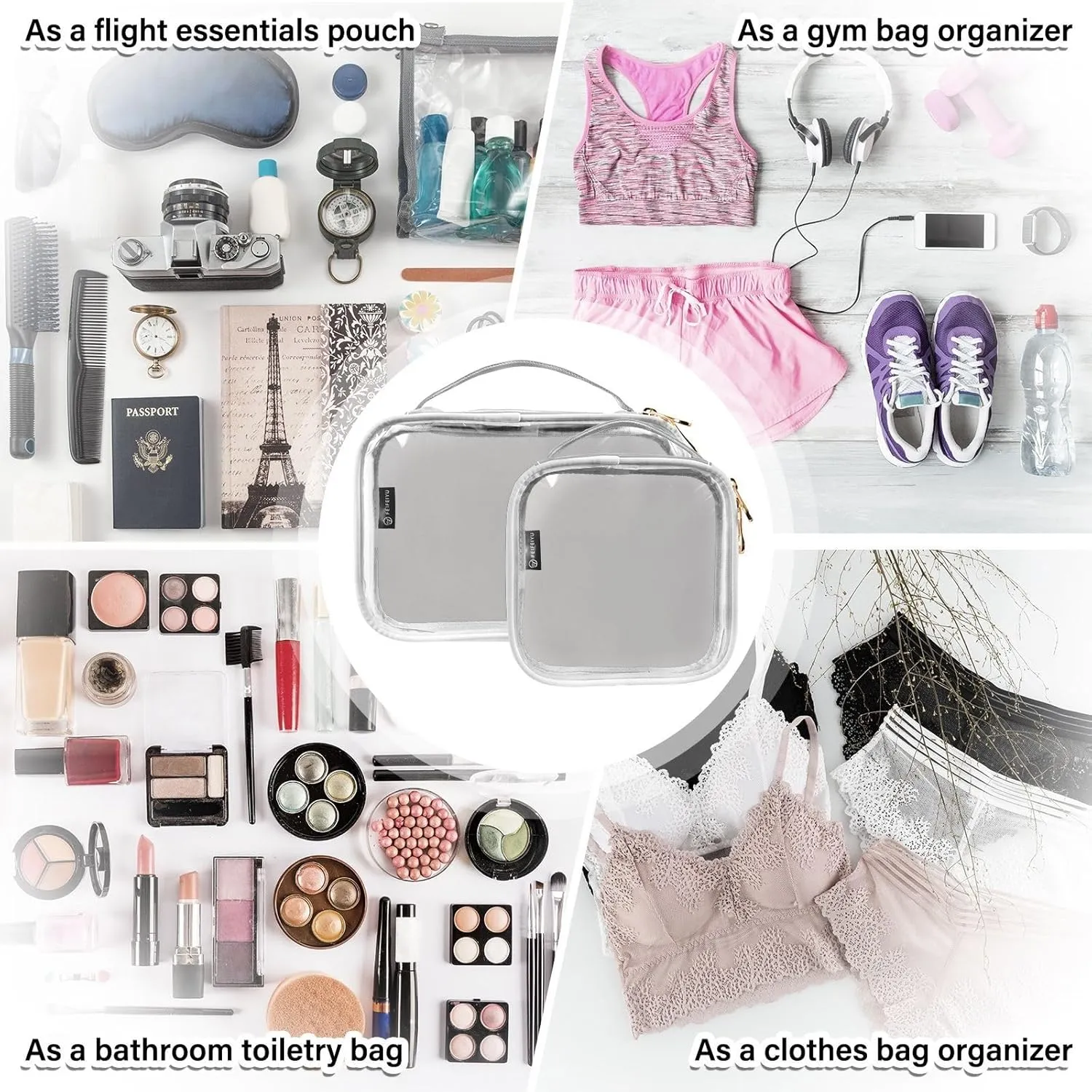 Light Grey Clear Makeup Bags TSA Approved Toiletry Bag for Women Men Cosmetic Bags with Zipper Carry On Airport Airline Compliant Bag Quart Size PVC Travel Bags for Toiletries Business, 2 Pack