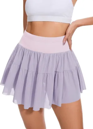 Loovoo Womens Pleated Ruffle Mini Skirt Flowy Lace High Waist Casual Skort Mesh Versatile Athletic Shorts with Pockets