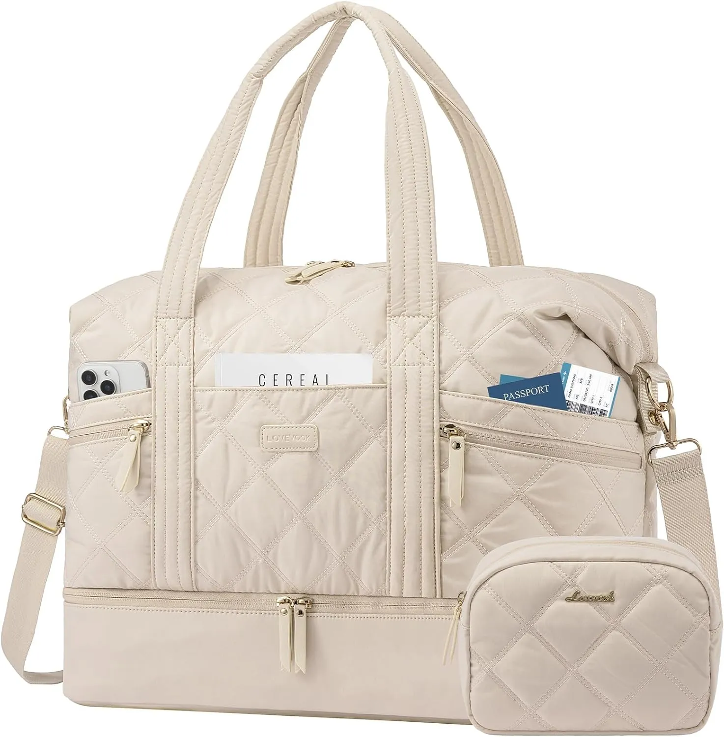 LOVEVOOK Travel Duffle Bag, Lightweight Weekender Bags for Women with Shoe Compartment, Puffer Gym Bag Personal Item Travel Bag, Quilted Carry On Overnight Bags and Hospital Bag for Labor and Delivery