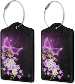 Luggage Tags for Suitcases, 2 Pack Fantasy Purple Butterflies Luggage Tag, Leather Stainless Steel Loop Label Tag for Men Travel Bag Suitcase