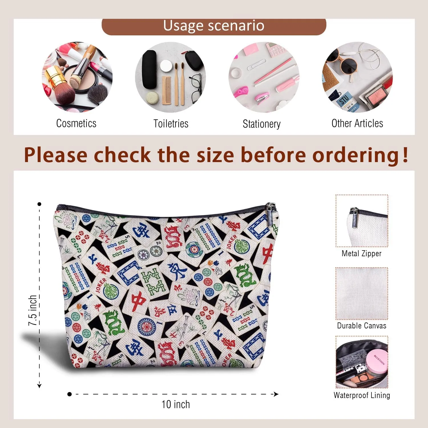 Mahjong Gifts Cosmetic Bag - Mahjong Makeup Bag Women's Zippered Bag for Purse, Mahjong Cosmetic Bags for Women