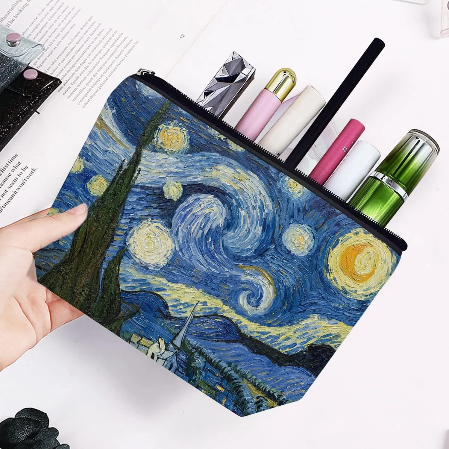 Makeup Bag for Women Large Makeup Bag Travel Cosmetic Bag Zipper Pouch Toiletry Bags 7X10in Blue Abstract Starry Sky