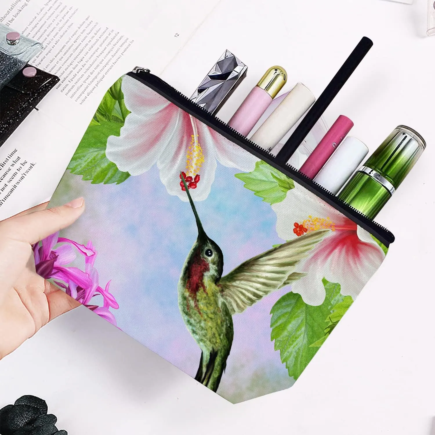 Makeup Bag for Women Large Makeup Bag Travel Cosmetic Bag Zipper Pouch Toiletry Bags 7X10in Hummingbird Spring