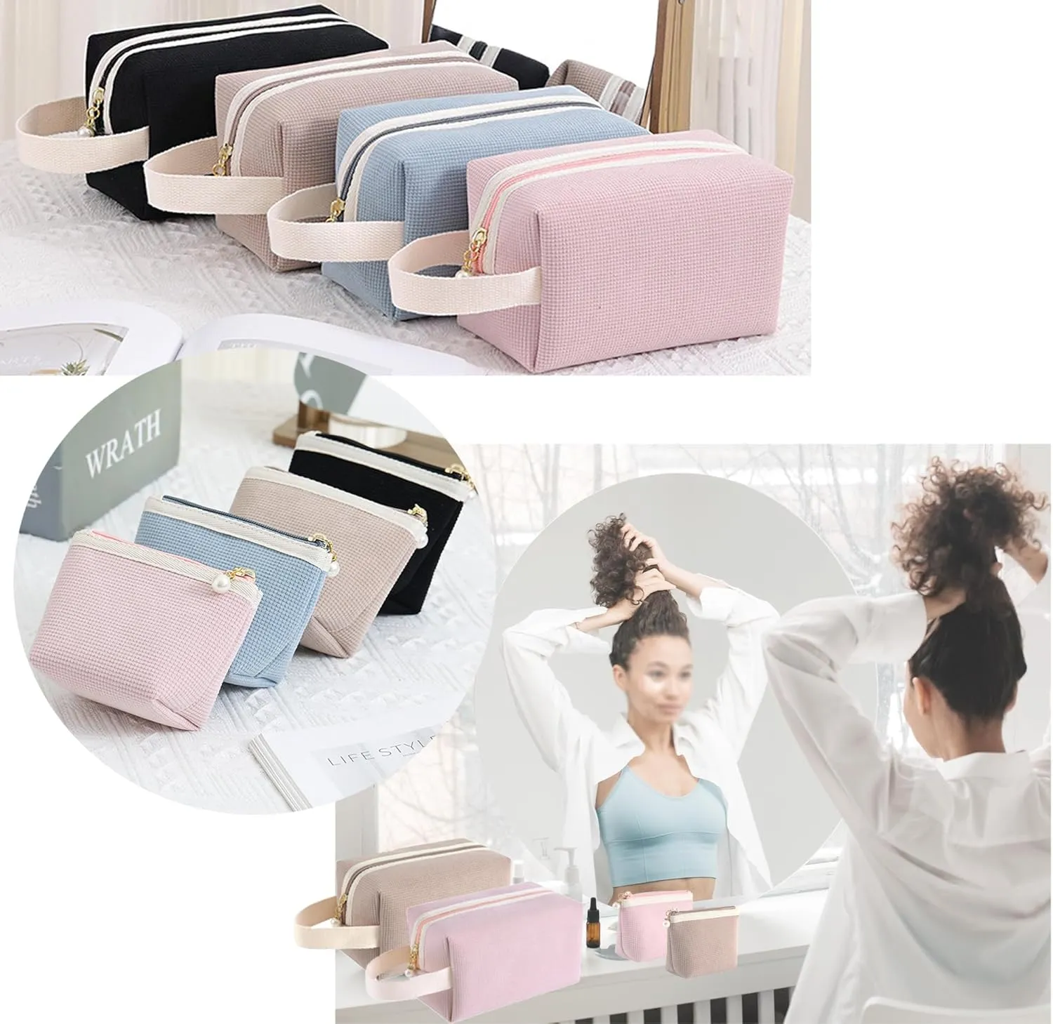 Makeup Bag Travel Cosmetic Bag for Women Makeup Bag Set Organizer Makeup Brush Holder Accessories Pounch Zipper Cosmetic Case 2 Pcs/Set (Light Khaki)