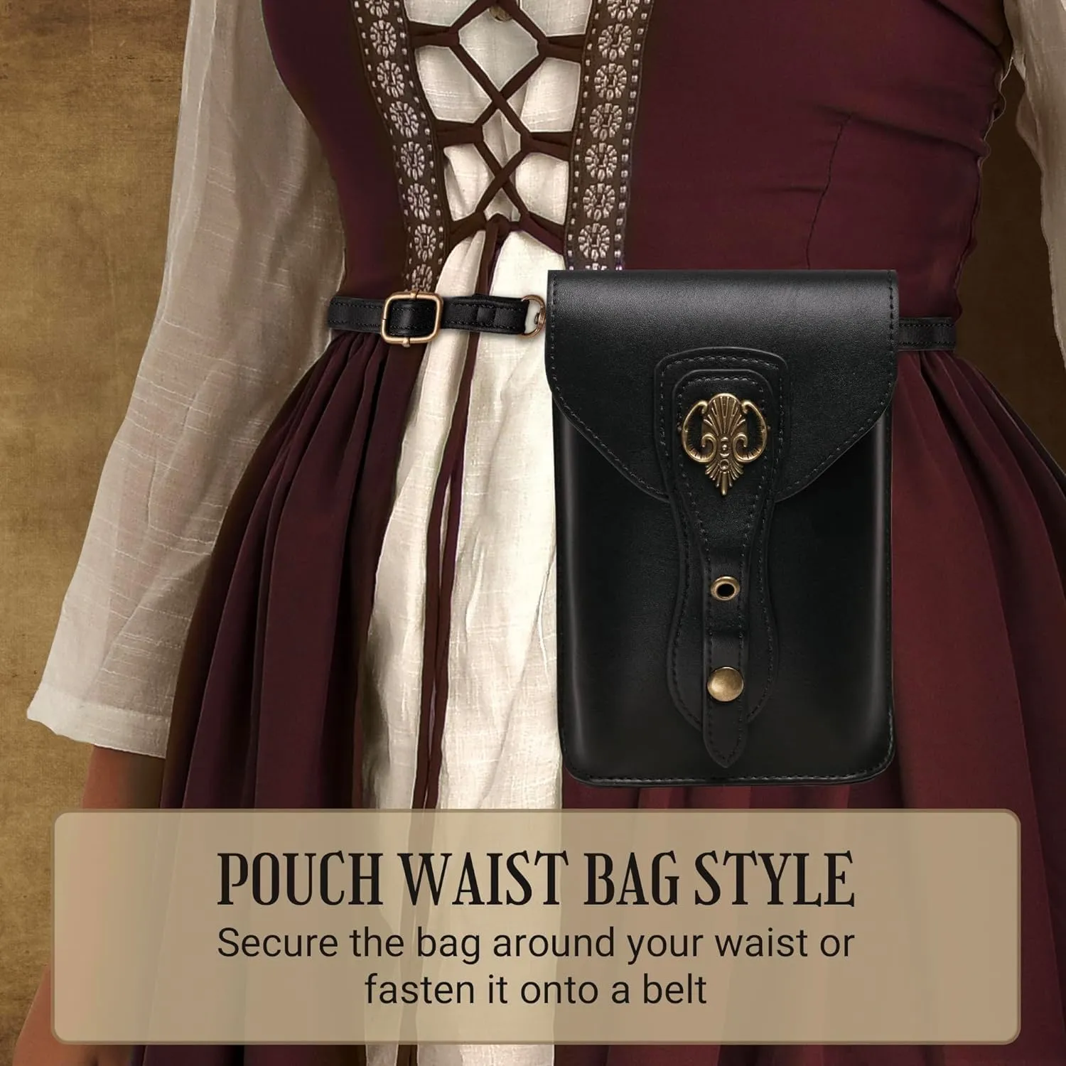 Medieval Leather Belt Pouch  Versatile Renaissance Bag for Ren Faire, Crossbody Cell Phone Holder, and Fairy Accessories - Black
