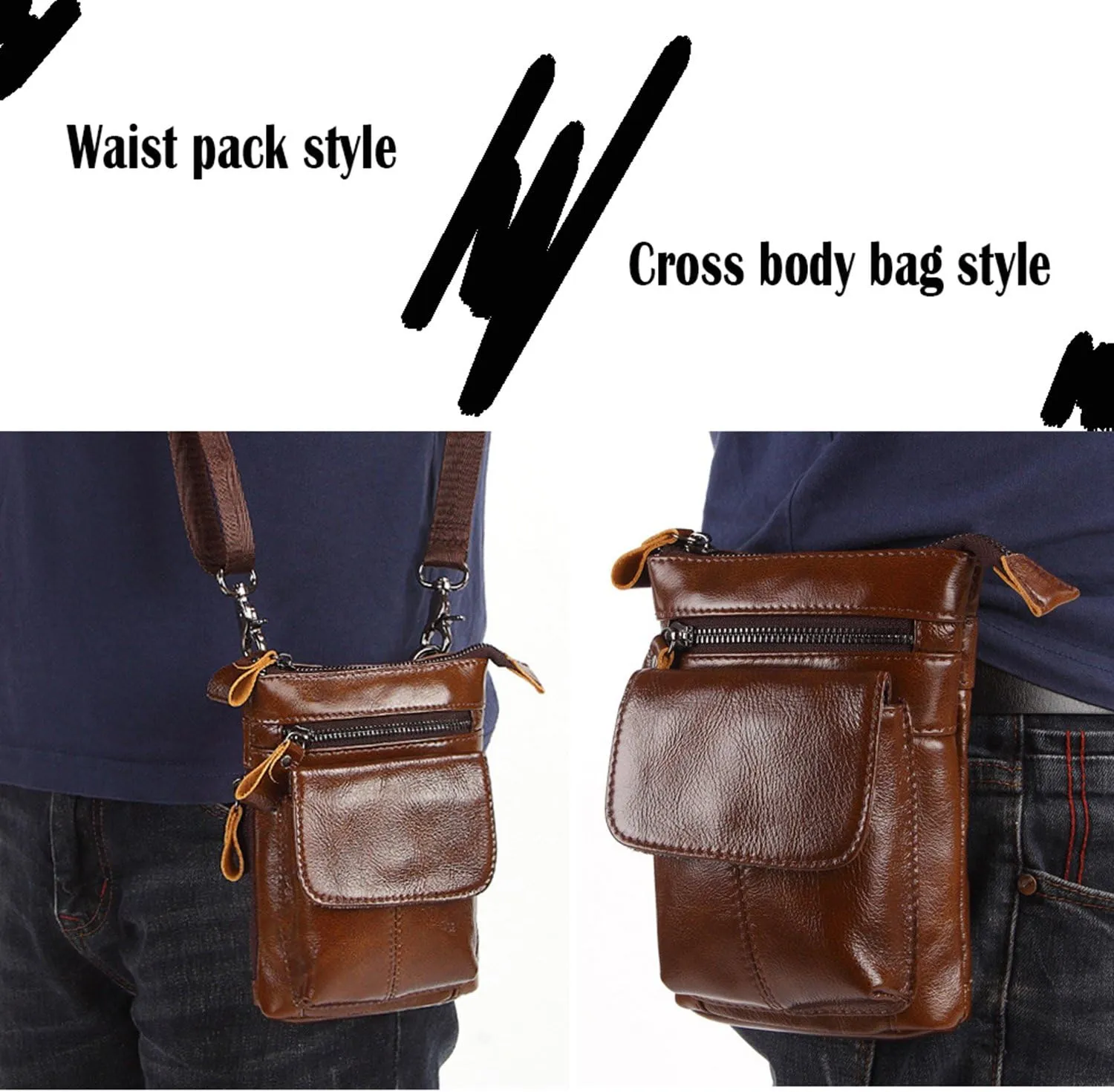 Mens Fanny Pack Waist pack Genuine Leather Crossbody Bag Travel Sport Outdoors Bag for Men, Women (light coffee)