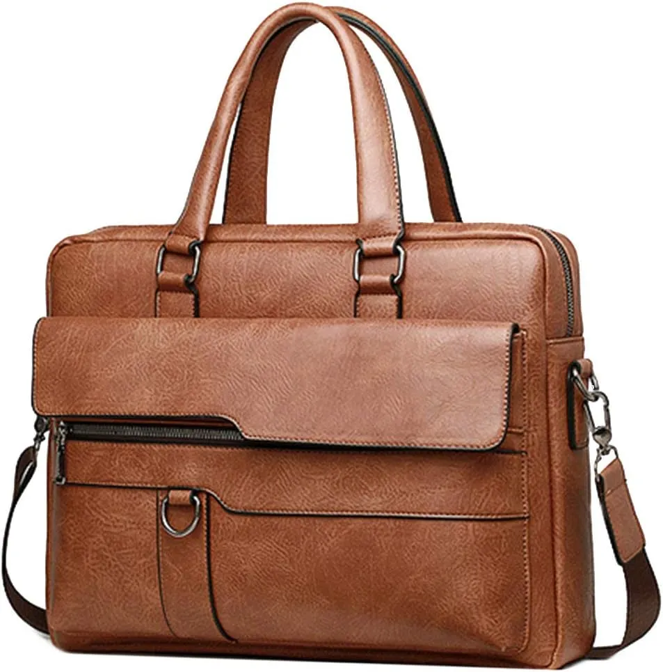 Men's Leather Briefcase Business Laptop Bag Waterproof Travel Satchel Bag Messenger Bag for Men (Light Brown)
