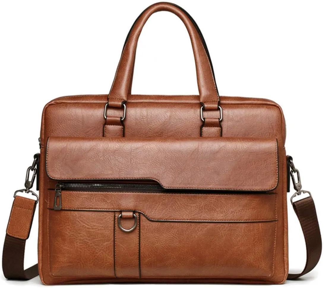Men's Leather Briefcase Business Laptop Bag Waterproof Travel Satchel Bag Messenger Bag for Men (Light Brown)