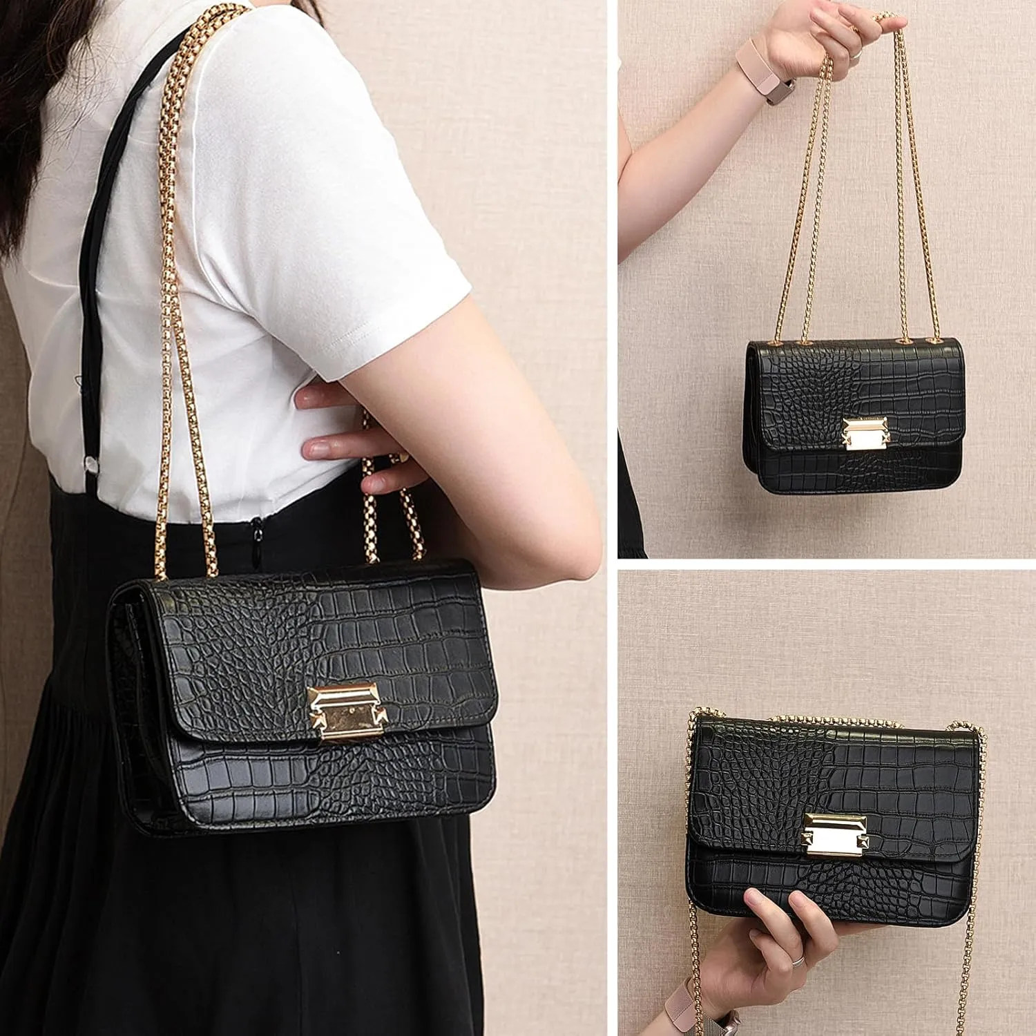 Mini Crocodile Pattern Shoulder Bags for Women with Chain Strap,Small Purses for Women with Flap Closure