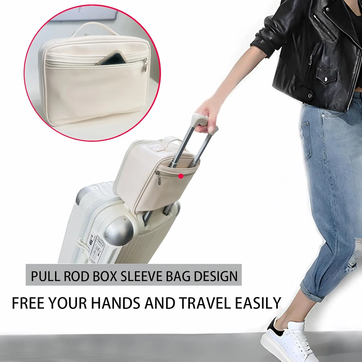 MKPCW Multifunctional Travel Makeup Bag Cosmetic Organizer with Removable Dividers, Brush Holder & Luggage Strap  Waterproof Large Capacity Toiletry Pouch for Women, Gym, Daily Use (White)
