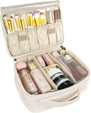 MKPCW Multifunctional Travel Makeup Bag Cosmetic Organizer with Removable Dividers, Brush Holder & Luggage Strap  Waterproof Large Capacity Toiletry Pouch for Women, Gym, Daily Use (White)