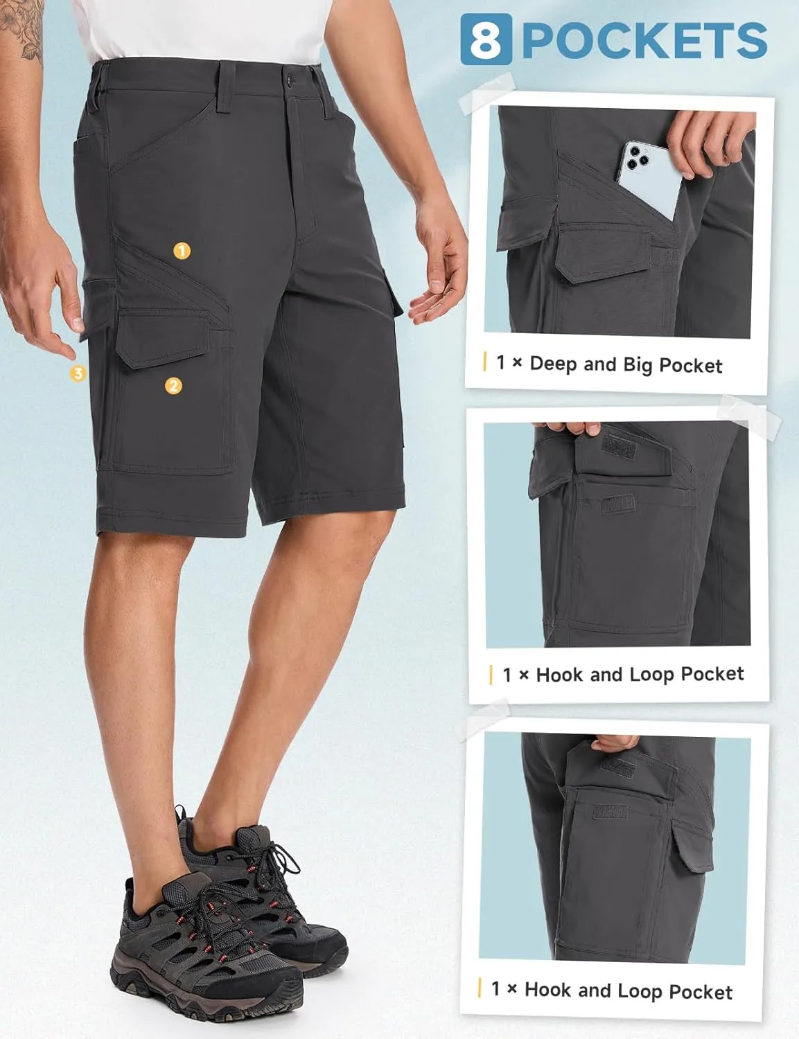 Moosehill Mens-Cargo-Hiking-Shorts Lightweight Water Resistant Quick Dry Relaxed Fit Big & Tall Stretch Waist with 8 Pockets