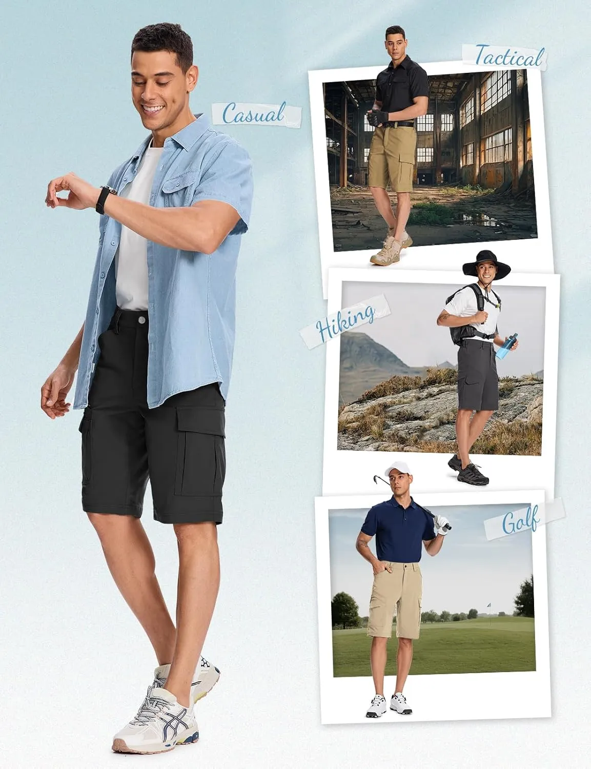 Moosehill Mens-Cargo-Hiking-Shorts Lightweight Water Resistant Quick Dry Relaxed Fit Big & Tall Stretch Waist with 8 Pockets