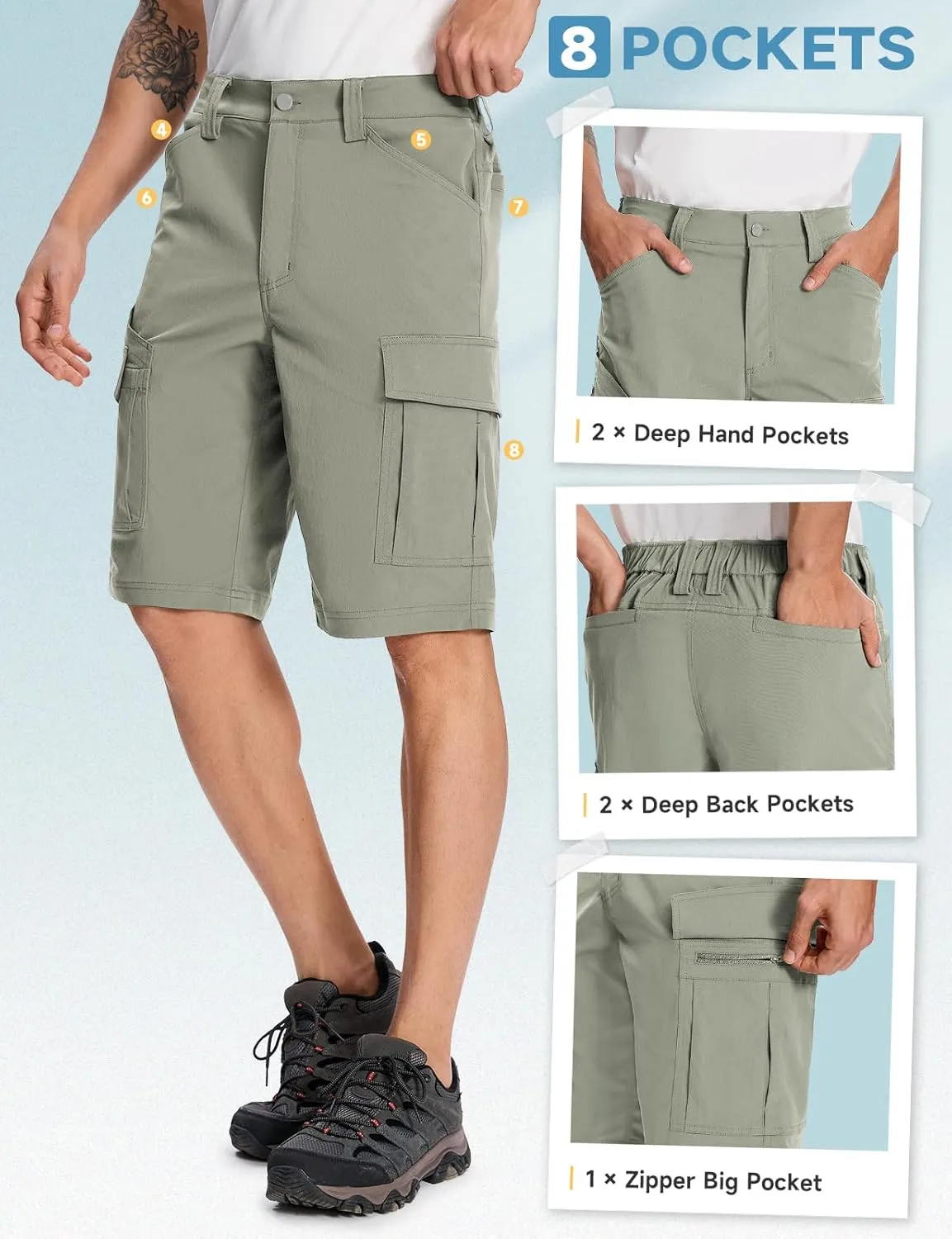 Moosehill Mens-Cargo-Hiking-Shorts Lightweight Water Resistant Quick Dry Relaxed Fit Big & Tall Stretch Waist with 8 Pockets