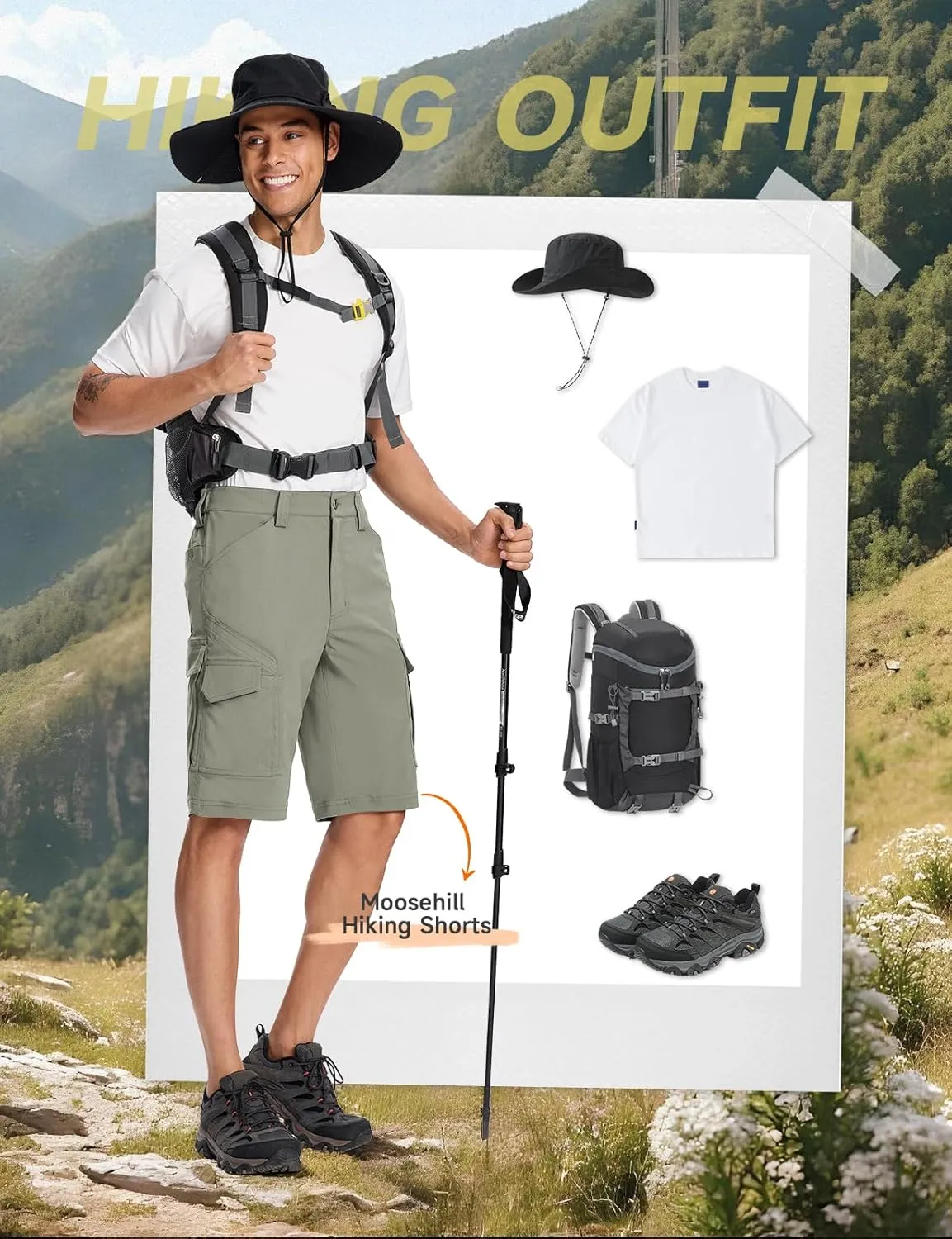 Moosehill Mens-Cargo-Hiking-Shorts Lightweight Water Resistant Quick Dry Relaxed Fit Big & Tall Stretch Waist with 8 Pockets